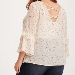 Torrid Semi-Sheer Floral Blouse Crisscross Back Ruffle Sleeve Boho Top